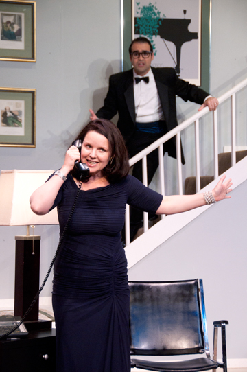 Lara Doucette (as Chris Gorman) and Brandon Ferruccio (as Ken Gorman) try to stave off rumors in Neil Simon's farce on stage at Pierson Playhouse through May 8. Photo: Joy Daunis